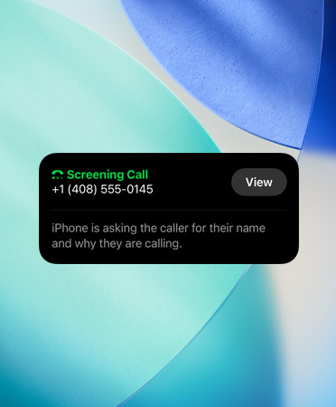 iPhone app widget showcasing Call Screening feature on an incoming call, new emerald blue, white, and turquoise wallpaper set in the background